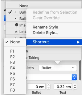 Assign shortcut for bullets in Mac pages