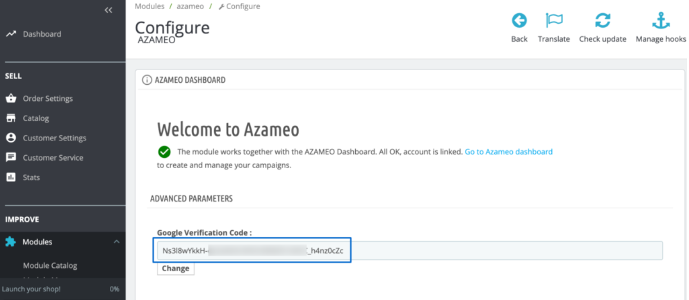 The picture displays interface of Azameo Configure and highligts box for Google Verification Code.