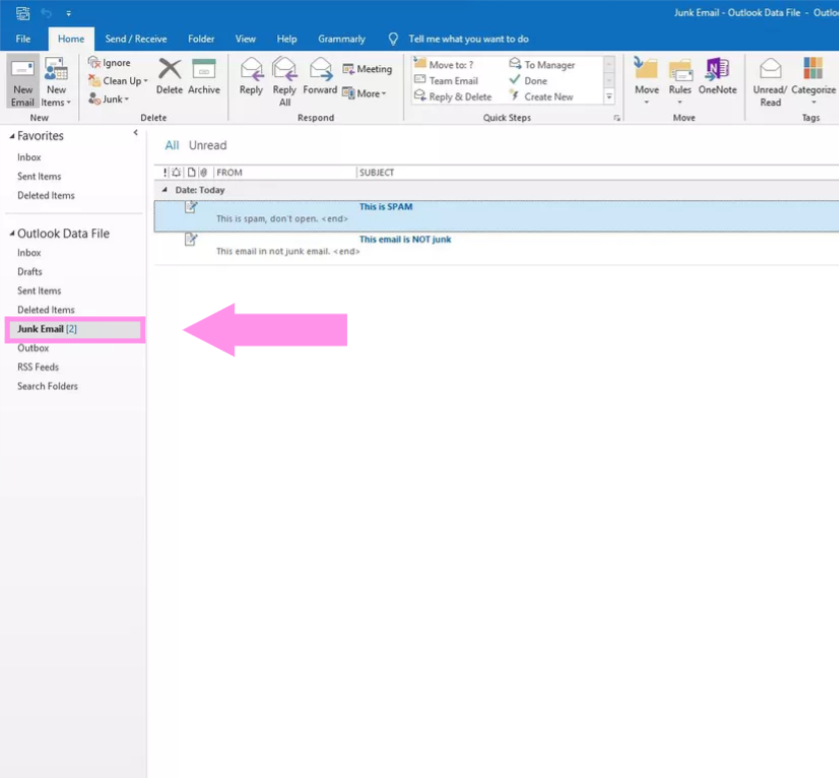It is shown where to find 'Junk Email' folder in Outlook.