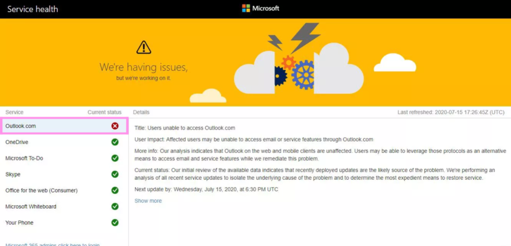 It is shown that on the Microsoft 365 Service Status page you can see what services can and cannot be accessed by users.