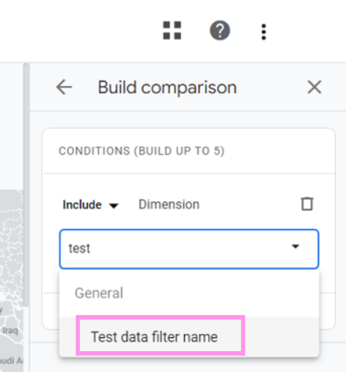 It is shown that you need to click on the 'Test data filter name' dimension.