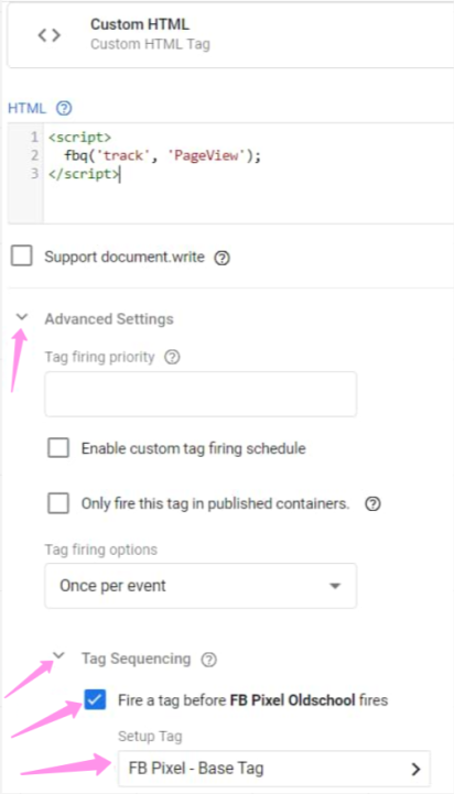 Advanced settings of Goofle Tag Manager - setting up tag in Tag Sequencing.