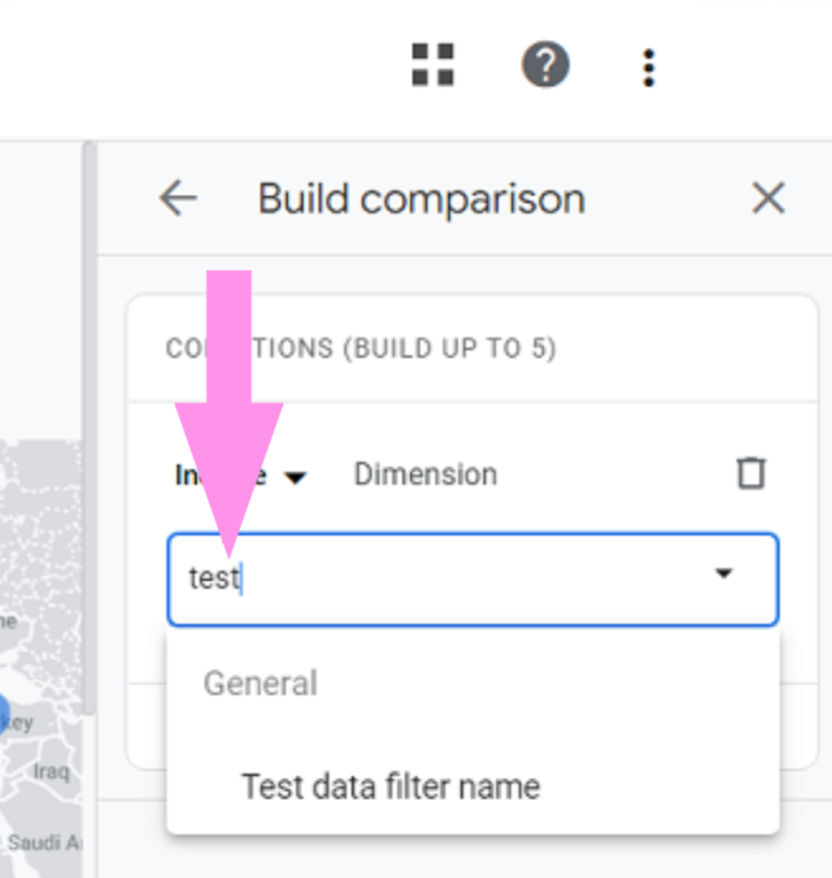 To view the dimension labelled 'Test data filter name' in the drop-down list, you need to enter the term 'Test'.
