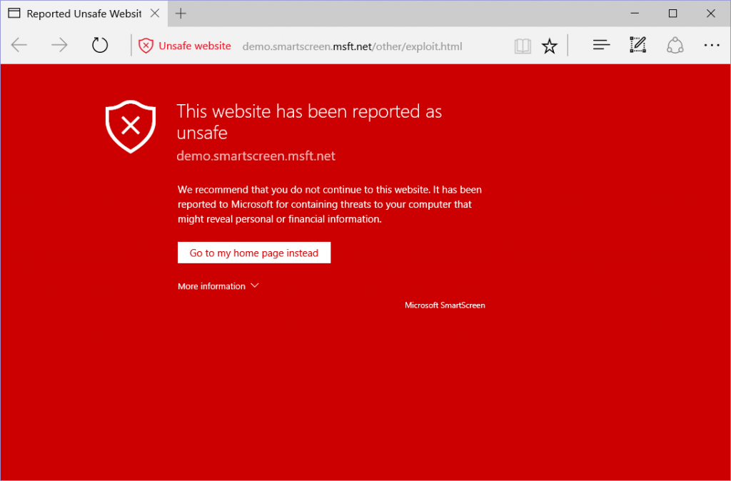 Unsafe website warning in Microsoft Edge